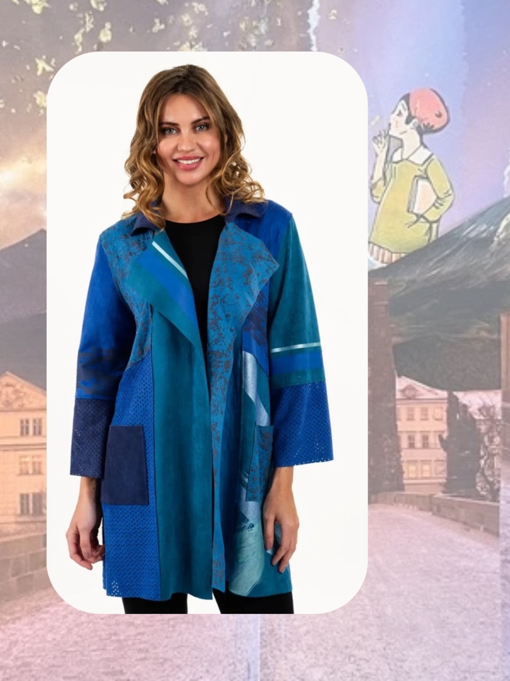 🎉🎉Lemon Grass Hand-painted Blue Mixed Media Patchwork Abstract Overcoat